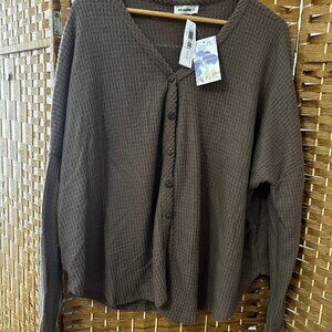 Brushed Waffle Knit Button Down Top